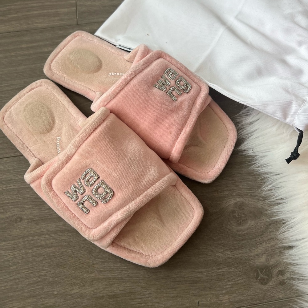 Alexander Wang Pink Lana Padded Velour Crystal Logo Slippers
